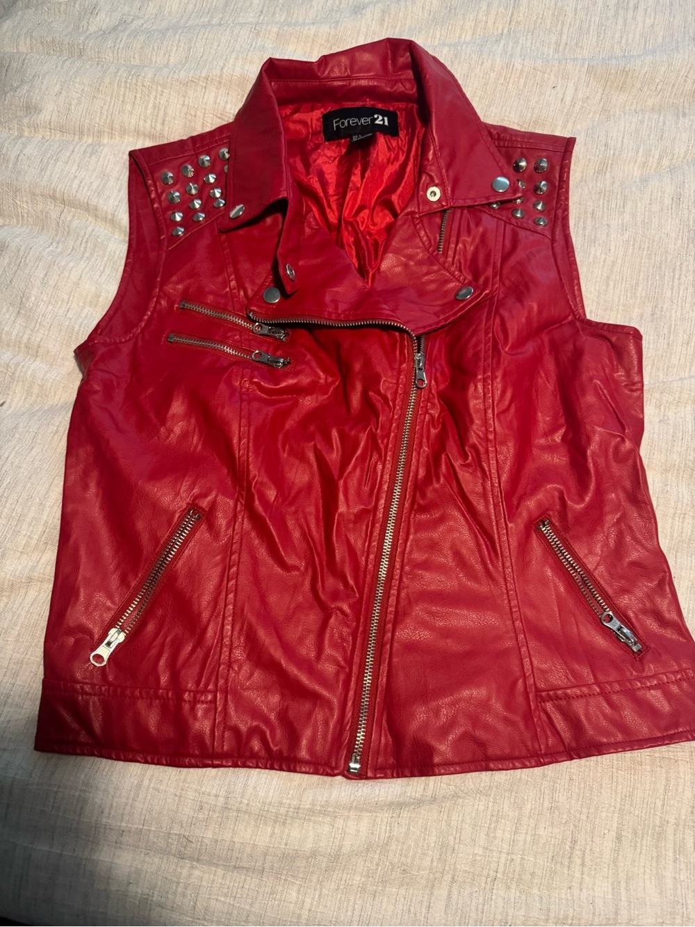 Forever 21 Red Faux Leather Studded Moto Vest